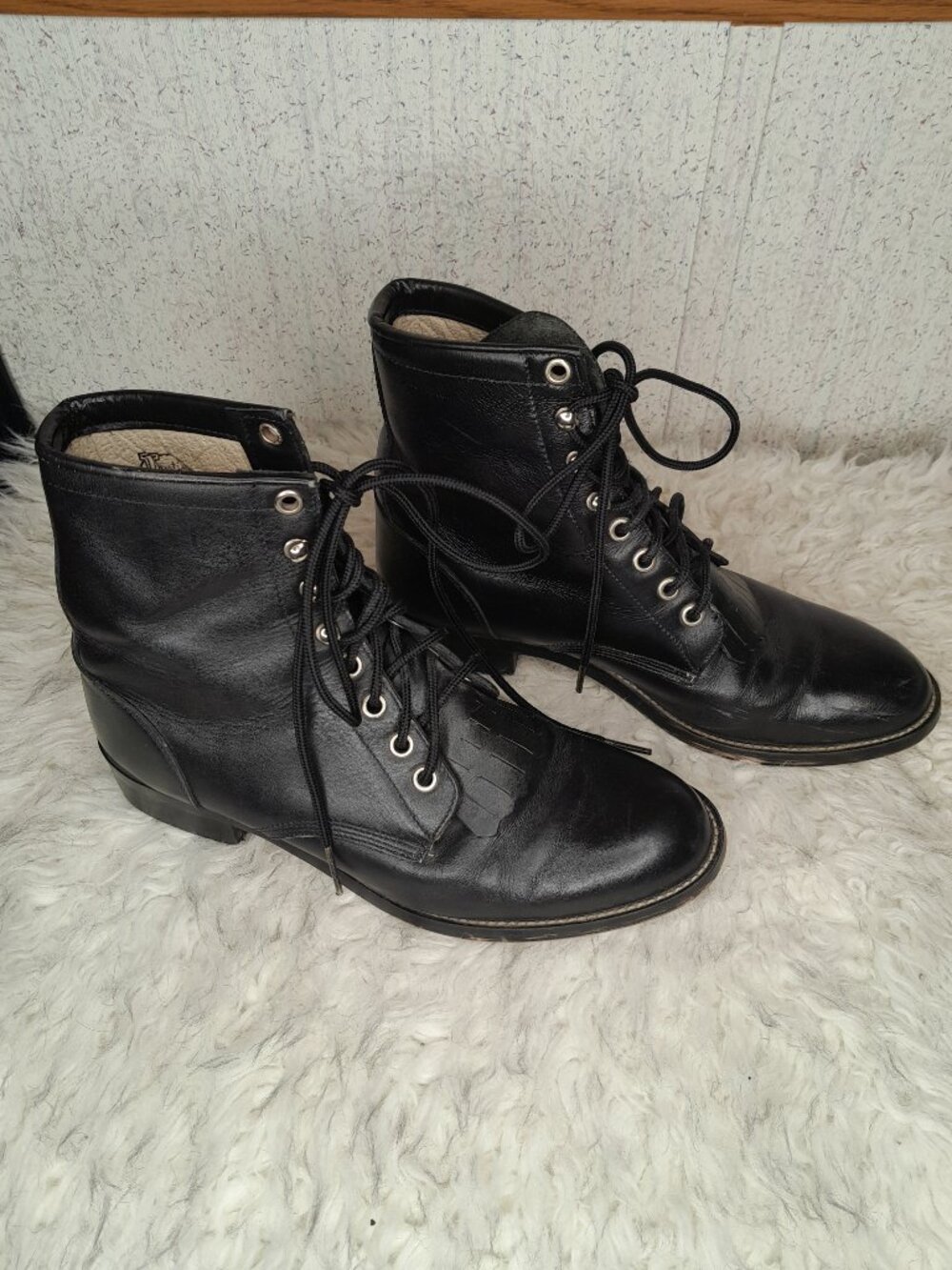 Vintage Justin Black Lace Up Boots Kiltie Leather Western Ropers 506 Size 4.5D